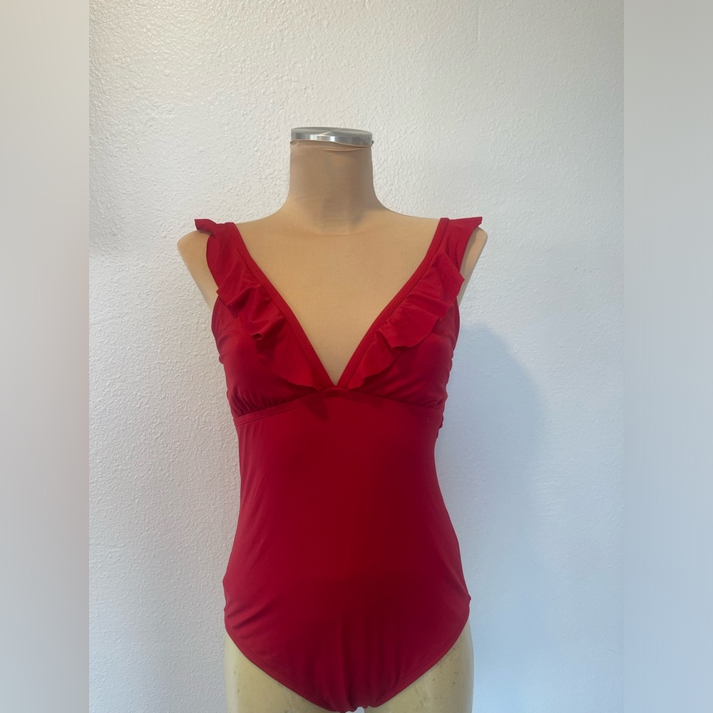 Red Ruffled V-Neck Swimsuit